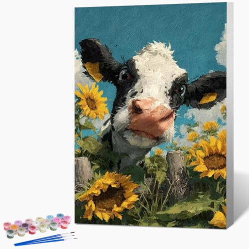 Framed Paint by Numbers Kit for Adults Beginner & Kids Ages 8-12, Funny Animal Cow Adult Paint by Number Kits on Canvas with Frame, DIY Number Painting for Adults for Home Wall Decor Gift 8 x 12 Inch - color: DG-OP-F-Cow-2030