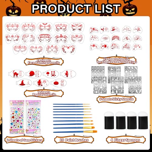 58 PCS Halloween Face Paint Stencils for Kids and Adults, 36 Reusable Facial Painting Templates, 6 Sticky Tattoo Stencils, 10 Brushes, 2 Gem Stickers, 4 Finger Sponges for Halloween Party Makeup - color: red