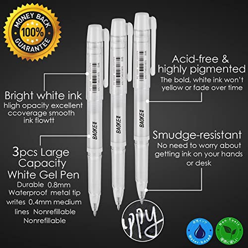 Qionew White Gel Pen Set, 1mm Gel Ink Pens Opaque White Archival Ink Pens for Black Paper Drawing, Sketching, Illustration, Card Making, Bullet Journaling - size: 1 Count (Pack of 3), style: White