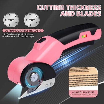 Cordless Electric Scissors, 4.2V 2000mAh Mini Rechargeable Cardboard Rotary Cutter, Effortless Cutting with LED Light & Safety Lock 2 Blades Box Cutter for Fabric Carpet Carton Plastic Leather Cloth