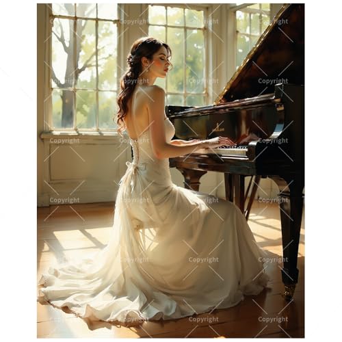 Romantic Paint by Numbers Kit for Adults - DIY Woman in White Dress Playing Piano Painting on Canvas 16x20 Inches, Acrylic Paint Set, Suitable for Beginners, Art for Home Decoration or Gifts - color: HSX00271, size: 16X20IN Folded