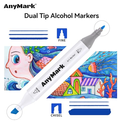 AnyMark 120 Colors Alcohol Markers Chisel & Fine Dual Tip | Coloring Markers Set for Adult Book Drawing Sketching Painting, Illustration, White Penholder
