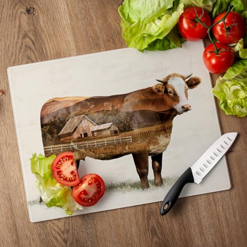 CounterArt Cow Landscape 3mm Tempered Glass Cutting Board 12" x 15" | Serving Board, Charcuterie Board - color: Cow Landscape