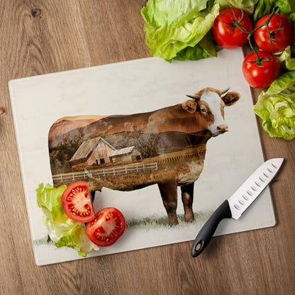 CounterArt Cow Landscape 3mm Tempered Glass Cutting Board 12" x 15" | Serving Board, Charcuterie Board - color: Cow Landscape