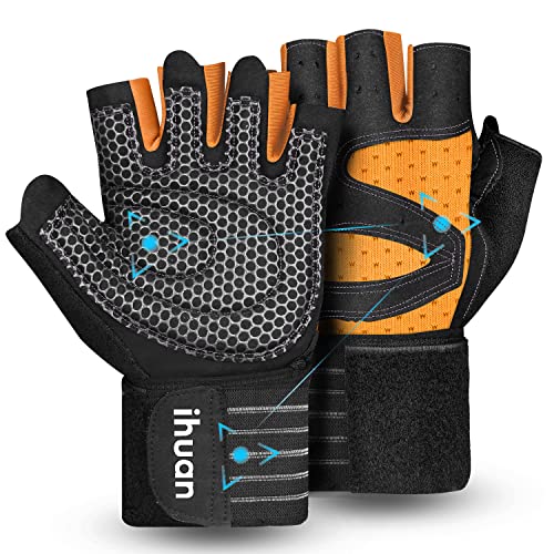 ihuan Ventilated Weight Lifting Gym Workout Gloves with Wrist Wrap Support for Men & Women, Full Palm Protection, for Weightlifting, Training, Fitness, Hanging, Pull ups - color: Orange, size: X-Small