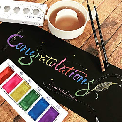Kuretake Gansai Tambi GEM COLORS, 6 colors set, Made in Japan | 6 sparkling metallic colors, Watercolor Paint Set, large pans, Professional Use, Artist Grade - style: GEM COLOURS