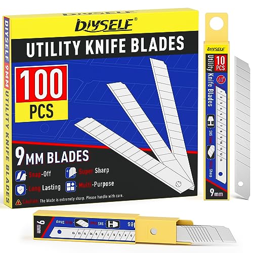 DIYSELF 100 Pack Utility Knife Blades, 9mm Box Cutter Blades Refills (60°) | Bulk Refill Supply, Box Cutter Replacement Blades for Cartons, Paper & Warehouse Use, High Carbon Steel - size: 100-Pack(60°)