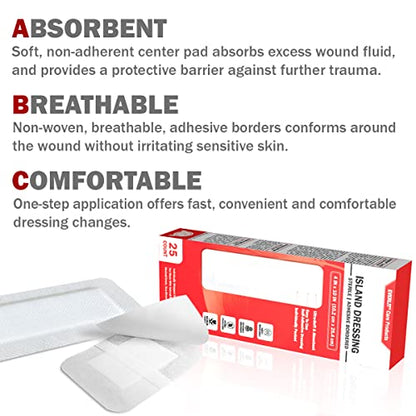 EVERLIT Island Dressing Bordered Gauze | Large Wound Care Bandage with Adhesive Border| Sterile, Soft & Highly Absorbent Medical Grade Dressing Pad (4x10 Inch (Pack of 25)) - size: 4x10 Inch (Pack of 25)
