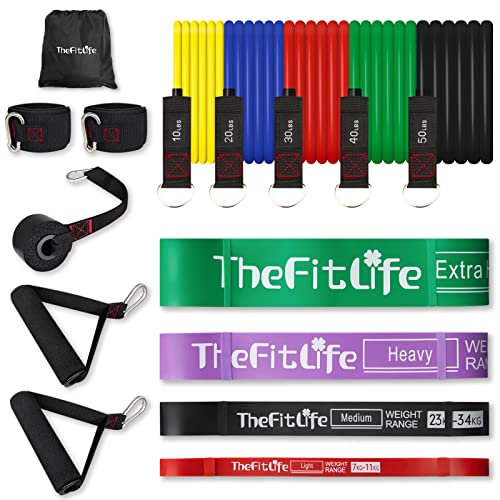TheFitLife Resistance Exercise Bands Set (150lbs) with Handles+ TheFitLife Pull-Up Assist Exercise Bands Set for Body Stretching, Power-Lifting, Fitness Training