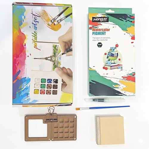 Mini Watercolor Travel Set for Pocket Outdoor Sketching & Journaling with Wooden Palette All-in-one Mini Watercolor Kit with 15 Vivid Colors, Wooden Palette & Sketchbook. Lightweight & Portable for Travel Art. - size: XHB-15