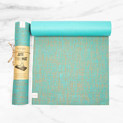 Myga Jute Yoga Mat, High Performance Vegan Floor Exercise Mat, Eco Friendly Biodegradable Yoga Mat with PVC Backing,72" x 24", 0.2" Thickness - color: Aqua