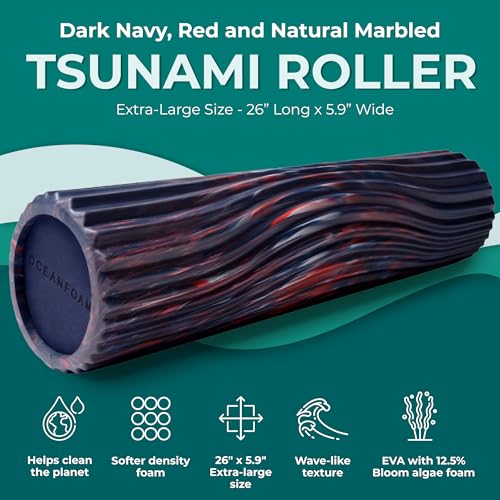Oceanfoam Tsunami Roller (Dark Navy, Red & Natural Marbled) - Extra-Large, 26" x 5.9" - Soft, Textured Foam Roller for Physical Therapy, Back Pain, Exercise & Stretching - Yoga, Athletics, & Wellness - color: Dark Navy, Red & Natural Marbled