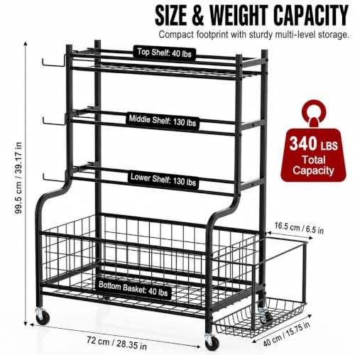4-Tier Home Gym Storage Rack with Wheels and Hooks, Dumbbell Stand | 340 lbs 4-Tier Dumbbell Rack, Kettlebell Stand and Sports Equipment Organizer for Home Gym, Garage, Apartment