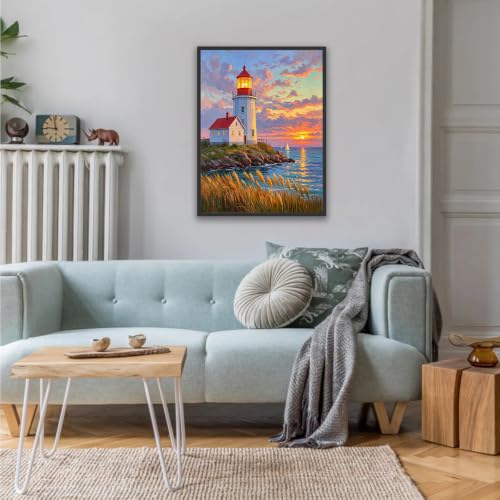 Seaside Lighthouse 5D Diamond Art Kit for Adults Full Drill Canvas | 12x16 inch canvas, complete tool set, DIY wall art, relaxing craft, seaside lighthouse scene - color: QD153