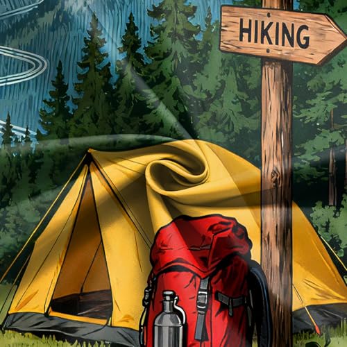 7x5FT Camping Backdrop Pine Tree Camping Equipment Bonfire Directional Sign Background for Outdoor Adventure Travel Holiday Themed Party Decoration Photo Shoot Props Vinyl - size: 7x5FT