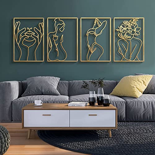 Glamativity Large 4 Pack Gold Wall Art Décor, Minimalist Décor Single Line Art Wall Décor, Real Metal Wall Art, Woman's Body Shape Abstract Wall Art (Gold Classic Style, L Size 22.5 x 15.7'') - color: Gold Classic Style, size: L Size 22.5 x 15.7''