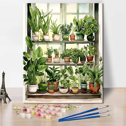 TUMOVO Green Plant Paint by Numbers Kit for Adults Beginner Potted Oil Painting Adult Paint by Number Kits on Canvas Botanic DIY Acrylic Painting Art Crafts for Gifts Home Wall 16"x20"(Frameless) - color: Green Plants