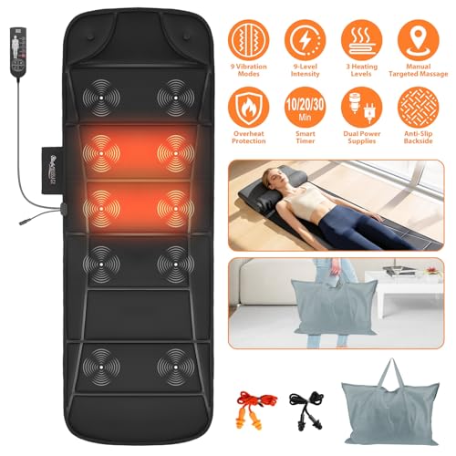 Vibration Massage Mat with Heat – Full Body Electric Massager Mattress Pad, 10 Motors, 9 Modes, 9 Intensities, 3 Heating Levels, 3 Timer Settings, Storage Bag, Earplugs, for Neck Back Waist Hips Legs - size: 57.8x19.7x1.2 in