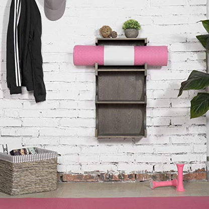 MyGift Yoga Mat Holder with Shelf, Wall Mounted 3 Tier Foam Roller Exercise Mat Storage Rack, Gray Wood Wall Organizer for Home Gym