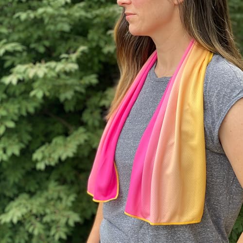 SHAKEitCOOL Extended Size Cooling Towel – Be Cool in Style - Heat Relief, Soft, Lightweight, Sun Protection, Easy Clean - Perfect for Biking, Hiking, Running, Yoga, Golf - Pink Orange Ombre M - color: Pink Orange Ombre