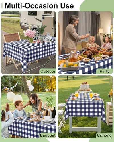 Smiry 8 Packs Gingham Disposable Table Cloth, 54 x 108 Inch Waterproof Plastic Tablecloth, Rectangle Navy and White Checkered Table Covers for Picnic, Birthday, Party - color: Navy and White, size: 54"x108" (Pack of 8)