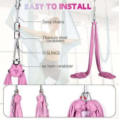 Aerial Silks Kit & Aerial Yoga Hammock - 11Yd Premium Fabric with Hardware | Easy Setup for Flying Yoga, Aerial Swing & Fitness - Supports Up to 14ft Rigging(Navy) - color: Light Pink