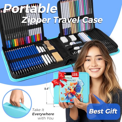 133 Pack Drawing Set Sketching Kit, Pro Art Supplies Sketch Pencils Set | with Sketch Book, Coloring Book, Watercolor Pad, Black Paper Pad, Graphite Colored Charcoal Watercolor & Metallic Pencils - color: Teal, size: 133 Pack