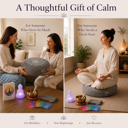 Meditation Cushion Set with Buckwheat Zafu Pillow, Meditation Starter Kit | Meditation Starter Kit with Buckwheat Zafu Cushion, Breathing Light, Singing Bowl & Eye Pillow for Mindfulness