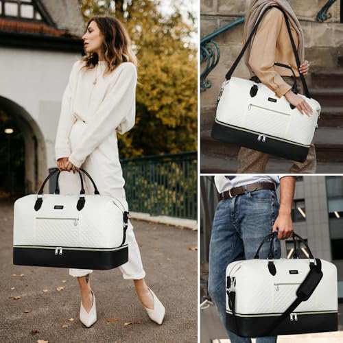ITIEZY Weekender Bag for Women 21.5" Travel Duffel Large Carry On Bag 3PCS | Nylon Duffel Bag with Waterproof Shoe Compartment, Crossbody Bag and Toiletry Bag, Travel Weekend Hospital Overnight Gym Bag - color: 6-Off White