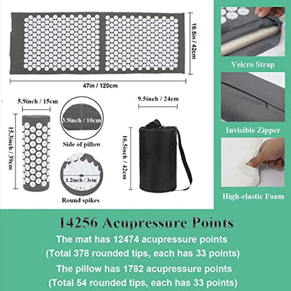 XiaoMaGe 47" Acupressure Mat and Pillow Set with Carry Bag (Gray) - color: Gray-large