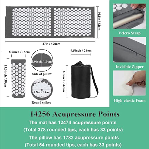 XiaoMaGe 47" Acupressure Mat and Pillow Set with Carry Bag (Gray) - color: Gray-large