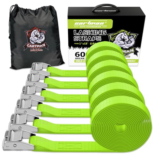 Cartman 1" x 12 ft Lashing Straps, 6 Pack, 600 lb Break Strength, Green - color: Green, size: 6 PK