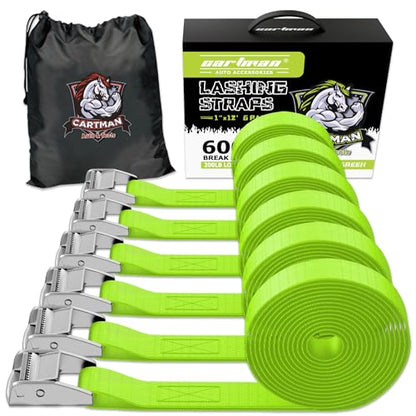 Cartman 1" x 12 ft Lashing Straps, 6 Pack, 600 lb Break Strength, Green - color: Green, size: 6 PK