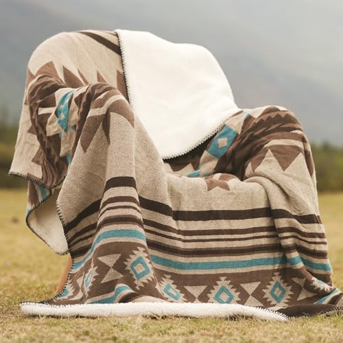 Aztec Throw Blanket with Soft Sherpa Lining, Traditional Southwestern Navajo Tribal Style Warm Throw for Camping, Outdoor, Cozy Boho Blanket for Couch, Sofa, Bed, 60"x80", Teddy Brown - color: Teddy Brown, size: 60" x 80"