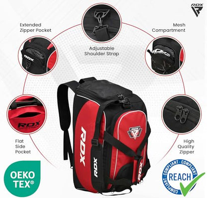 RDX 50L Gym Bag with Ventilated Shoes Compartment, All In One Backpack Duffle Holdall, Fitness Sports MMA Boxing Yoga Swim Gear Sportswear Bag, Weekend Overnight Travel Hiking Rucksack for Men Women - color: Red
