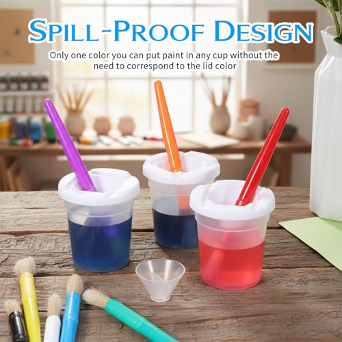 KongTiva 24 Pcs No Spill Paint Cups with Lids, Reusable Spill Proof Paint Water Cup Plastic Paint Containers with 24 Paints Brushes for Painting School Classrooms Arts Crafts Supplies