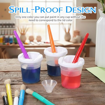 KongTiva 24 Pcs No Spill Paint Cups with Lids, Reusable Spill Proof Paint Water Cup Plastic Paint Containers with 24 Paints Brushes for Painting School Classrooms Arts Crafts Supplies