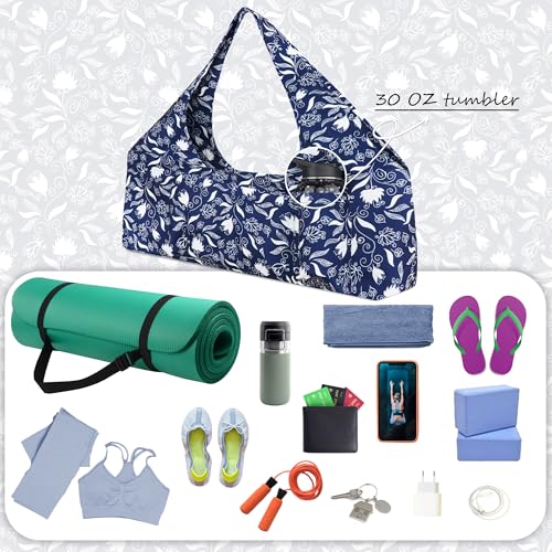 Large Yoga Mat Bag Yoga Bags and Carriers Fits All You Stuff Yoga Tote Bag with Yoga Mat Strap, Elastic Pockets and Zipper Pockets - color: dark blue white
