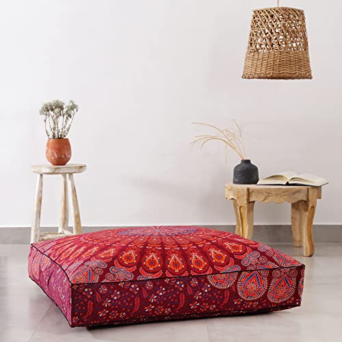 Popular Handicrafts Square Hippie Mandala Floor Pillow Ottoman Pouf Cover - Indian Peacock Daybed Oversized Cotton Cushion Cover Heavy Duty Zipper Seating Ottoman Dog - Pets Bed Cover 35" Maroon - color: Maroon # 1_s, size: 35" x 35" (Pack of 1)