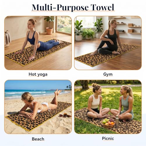 72 x 27 In Leopard Print Non Slip Hot Yoga Mat Towel with Pouch (Yellow) | Moisture-Wicking Quick-Dry Hot Yoga Towel, Washable, Compact Take-Anywhere Towel, for Yoga, Gym, Indoor, Outdoor