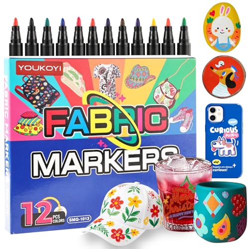 YOUKOYI Fabric Markers, 12 Colors Acrylic Paint Pens, Fabric Decorating Kits No Bleed Waterproof Quick Dry Fabric Paint Pens for Fabric DIY, Crafts, Wood, Ceramic, Sneakers, Bags, Shoes, Textile - color: 12 Colors