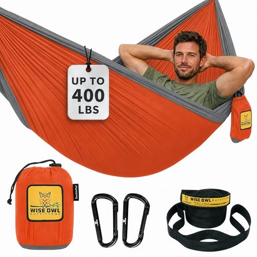 Wise Owl Outfitters Hammock for Camping Single Hammocks Gear for The Outdoors Backpacking Survival or Travel - Portable Lightweight Parachute Nylon SO Orange & Grey - color: Orange & Grey, size: Single