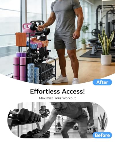 4 Tiers Large Capacity Dumbbell Rack [Thickened High-Strength Steel] Home Gym Storage for Dumbbells Kettlebells Yoga Mat and Balls, All in One Workout Storage Rack with Wheels and Hooks
