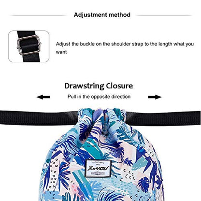 XEYOU Drawstring Backpack Bag Sport Gym Sackpack Beach Cinch Bag | Lightweight Swimming Bag, Water-Resistant Fabric, Travel Daypack for Women and Men - color: Blue Leaves
