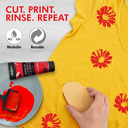 Marabu Block Printing Kit - Linocut with 3 x 100ml Ink, Cutter, Rubber Block, and Brayer Roller Linoleum Printmaking Kit, Starter 6pc Set, Multicolor