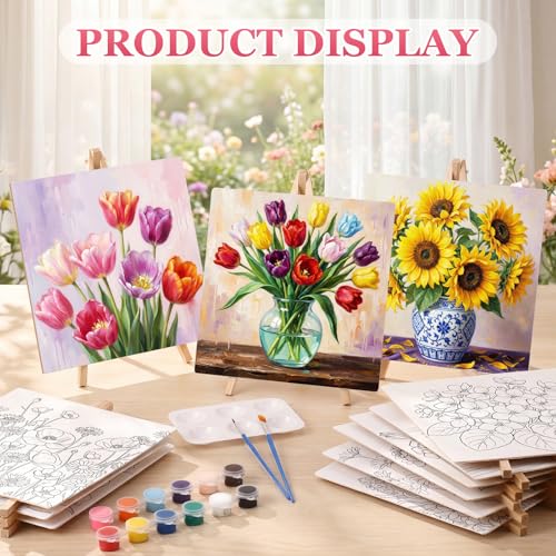 Supervitae 72 Piece Rustic Flowers Square Pre Drawn Canvas Kit 8" Paint and Sip Kit for Adults Painting Party Pre Printed Canvas DIY with Pictures Paints Easels Brushes for Party Gifts - size: 8", style: Rustic Flowers