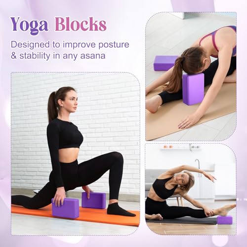 RoundFunny 5 Pcs Yoga Blocks Knee Pads Yoga Strap Set Soft Premium Foam Blocks Accessories for Pilates Meditation General Fitness Stability, Kneeling, Balance, Deepen Stretches and Toning - color: Purple