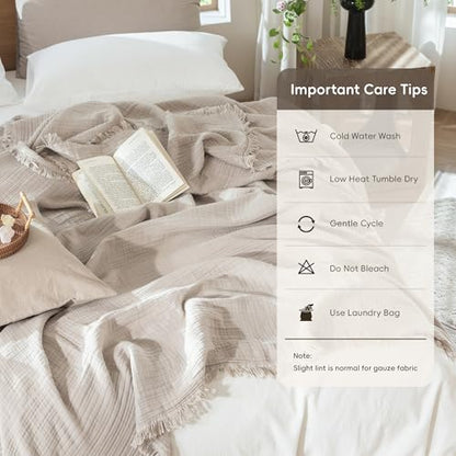 MooMee 100% Cotton Muslin Blanket, Fringed 4-Layer Gauze Bed Throw Blankets - color: Cream Grey, size: Super King