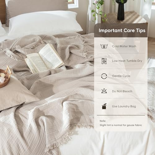MooMee 100% Cotton Muslin Blanket Fringed 4-Layer Gauze Bed Throw, King - color: Cream Grey, size: King