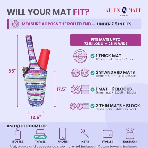 ALLEN & MATE 100% Cotton Canvas Yoga Mat Bag, Fits Mats up to 72 In Long and 7.5 In Thick, Wide Shoulder Strap, Zip Pocket, Blue Stripe - color: Blue Stripe